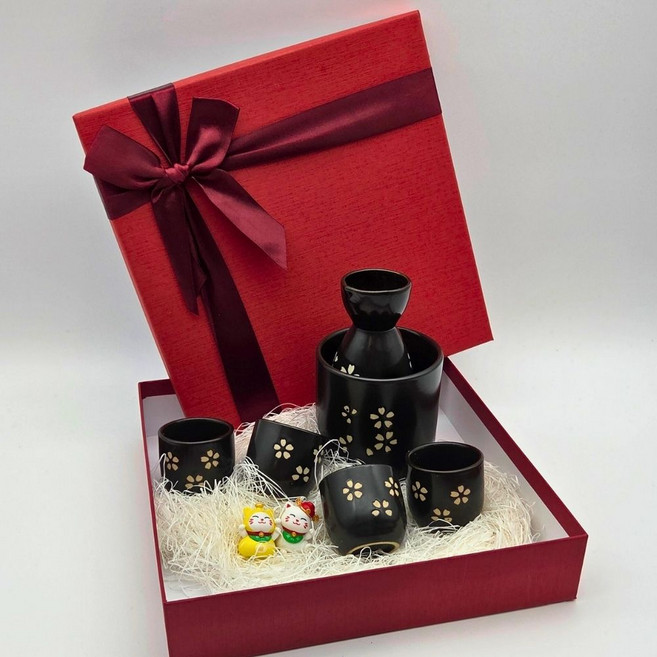 잔집사 플라워잔 사케잔 세트 복고양이 술잔 소주잔 도쿠리 홈술 감성 일본식 선물용, 1세트, 블랙플라워(6P) (잔4+술병1+포트1+피규어1)