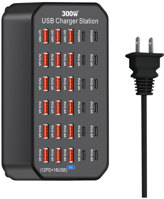300W USB充電站 12 PD + 18 USB, 黑色, 1個