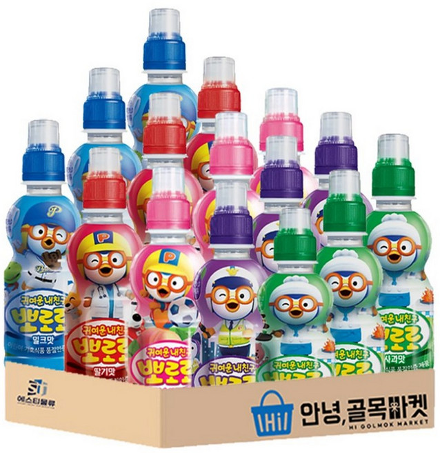 뽀로로 음료수 밀크맛3개 딸기맛3개 블루베리맛3개 사과맛3개 복숭아3개 5종 총15개, 1세트