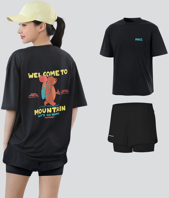 여자 오버핏 반팔 래쉬가드 상의 + 반바지 레깅스 상하의 세트