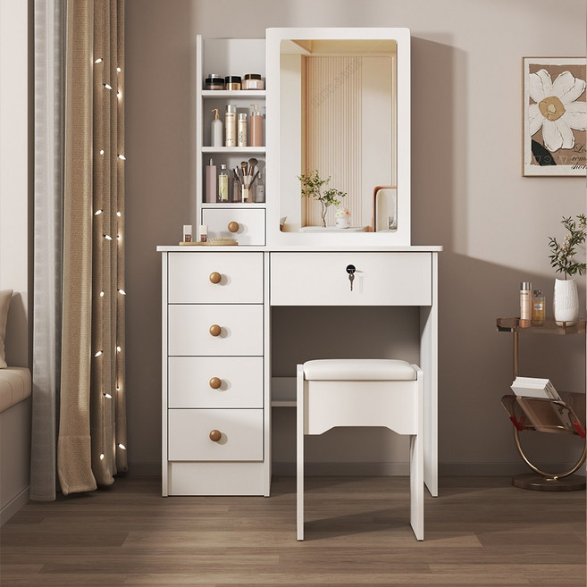 화장대 다용도 수납형 화장대 멀티 서랍 수납 일체형 심플 화이트 화장대 거울 걸상 3일, 흰색