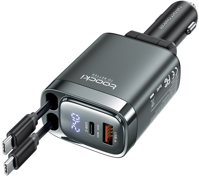 Toocki 105W 4in1 릴타입 C타입 시거잭 차량용 고속 충전기, 그레이, TQ-CC42