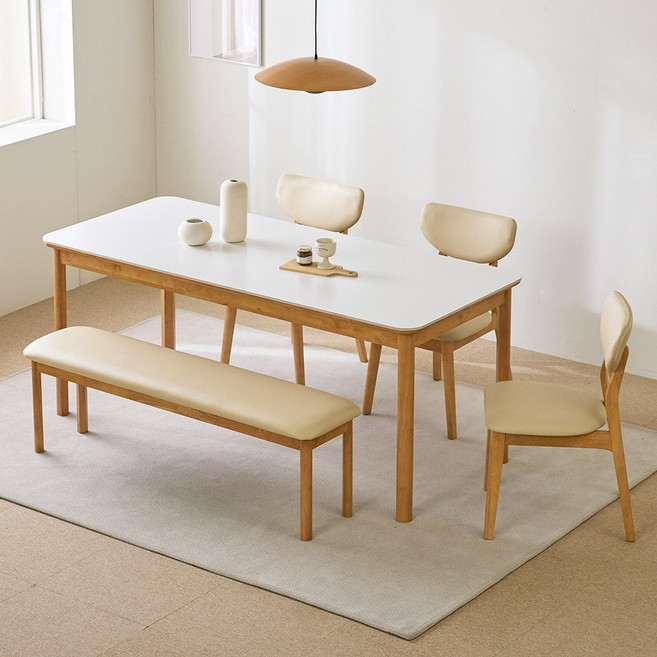 [상반기할인] 파로마 데니벨 세라믹 원목식탁 벤치 세트 6인용 1800 (벤치1 의자3), 내추럴화이트 벤치 세트, 상세 설명 참조, 옵션선택:내추럴화이트 벤치 세트