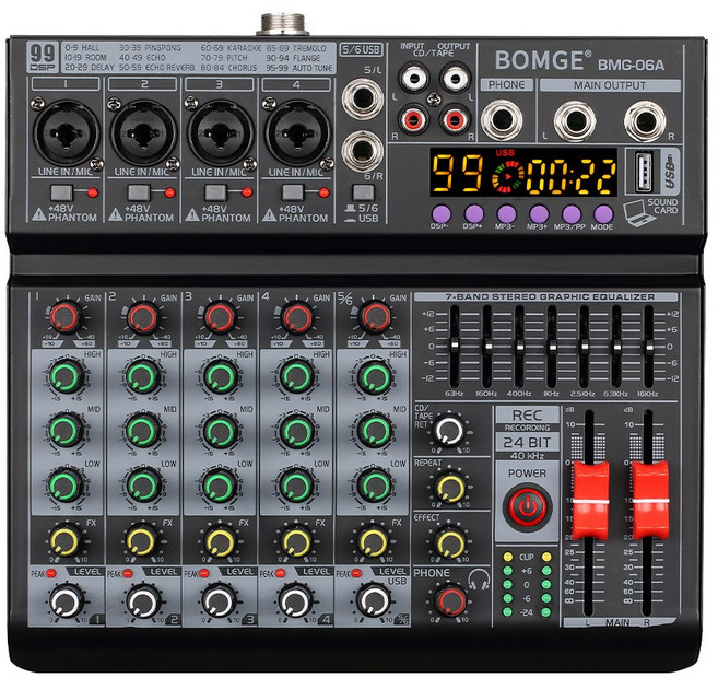 BOMGE 6 채널 믹싱 콘솔 99 효과 7 밴드 EQ 사운드 오디오 믹서 USB PC 레코드 Bluetooth AUX DJ, 01 06A-110V US PLUG