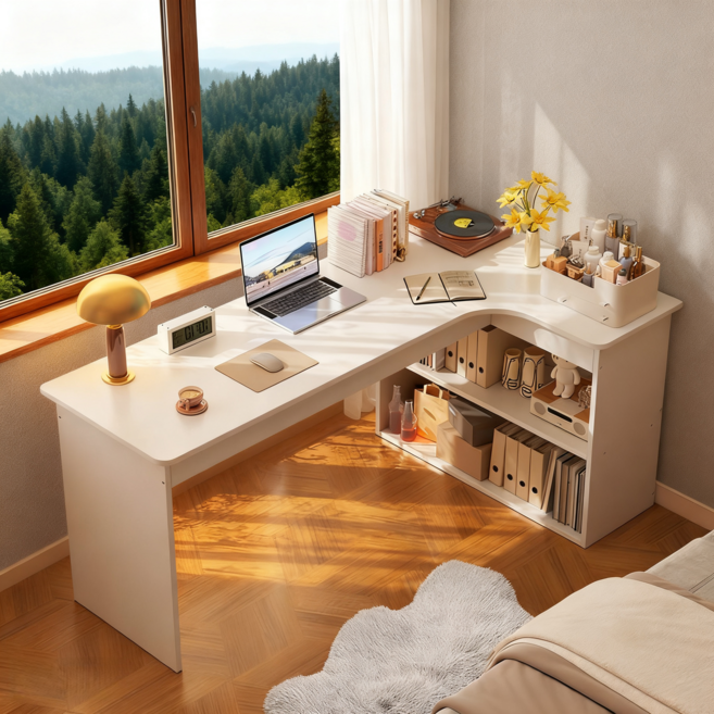 YAPOGI L형 수납형 컴퓨터 책상 1인용 코너 데스크 학생 공부 책장세트 원룸 사무용, 오른쪽, 흰색