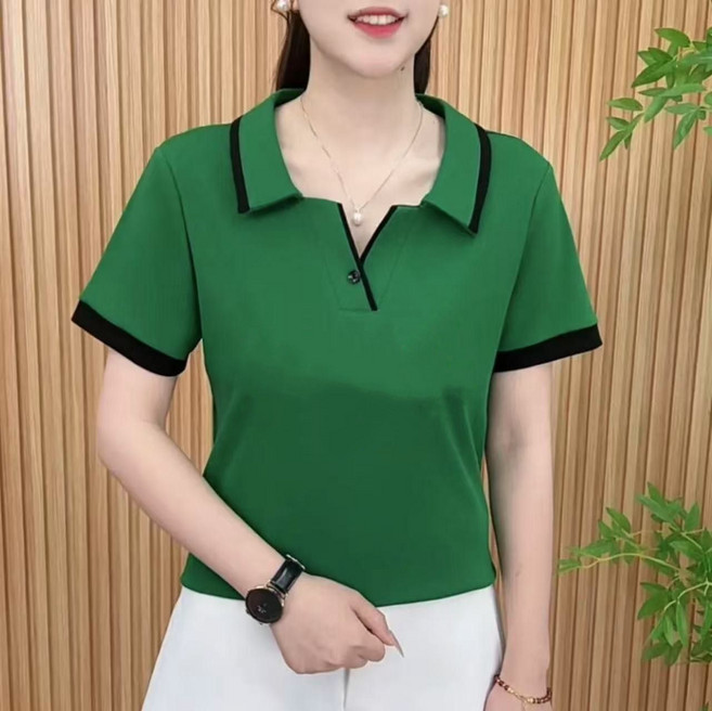 【復古撞色顯瘦】媽媽裝T恤 短袖T恤 韓版T恤 寬鬆T恤 夏季T恤 翻領設計 撞色拼接 冰絲棉面料 中老年媽媽裝 洋氣減齡