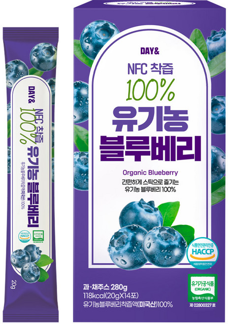 참앤들황토농원 데이앤 NFC착즙 100% 유기농 블루베리 스틱 14포, 1박스, 20g
