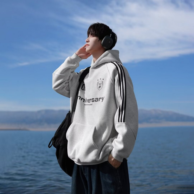 ANYOU 남성 레터 프린팅 후드티 오버핏 데일리 맨투맨 티셔츠