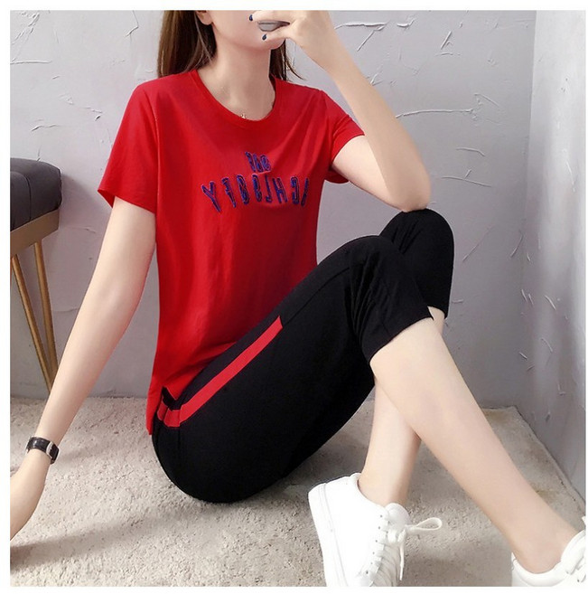 Timepure 상하의 세트 여성 여름 루즈핏 반팔 티셔츠 사이드라인 7부 배기 팬츠 트레이닝복 세트 기능성 통기성 흡습속건 츄리닝 홈웨어 운동복