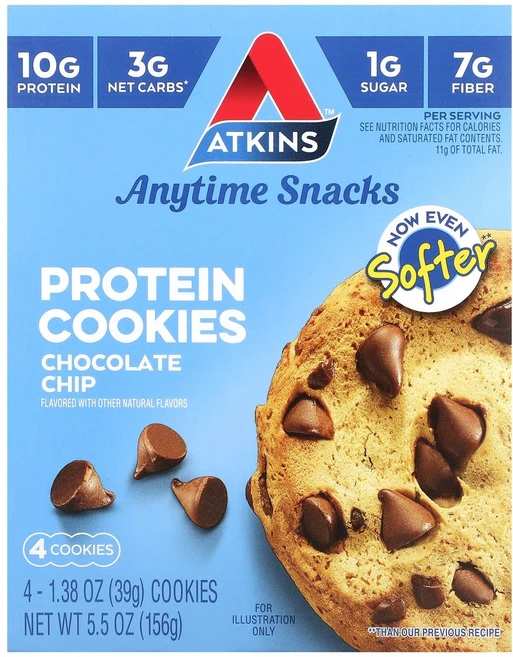 Atkins 언제나 먹을 수 있는 스낵 단백질 쿠키 초콜릿 칩 쿠키 4개 개당 39g(1.38oz) Atkins (앳킨스), 1, 39g - 쿠팡
