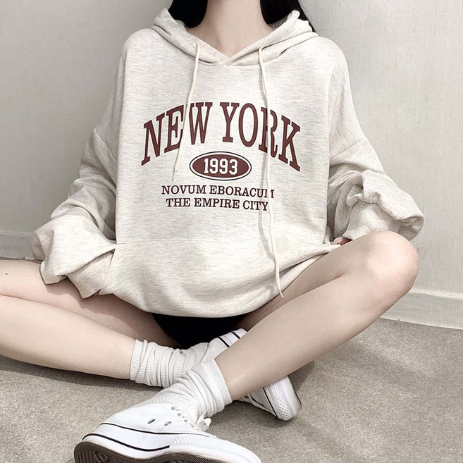 뉴욕 레터링 로고 박시핏 후드티셔츠