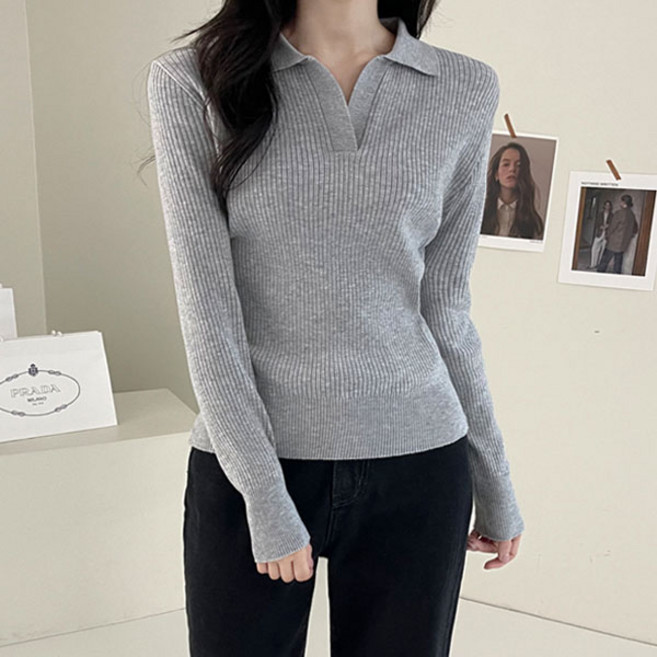 바이단미 MADE 여성 풀오버 스웨터 롱 슬리브 베이직 슬림핏 오픈 카라넥 골지 니트