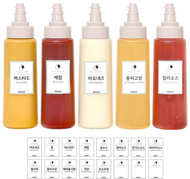 투웨이 흐르지 않는 굵기 조절 원터치 인생 소스통 베이지 5P (모던 스티커 16종 포함), 5개, 350ml