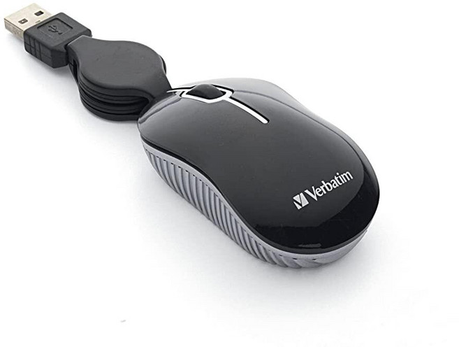 버바팀 유선 광학 컴퓨터 미니 USB-A 마우스 - 접이식 케이블이 있는 플러그 앤 플레이 소형 여행용 블랙 98113, BLACK