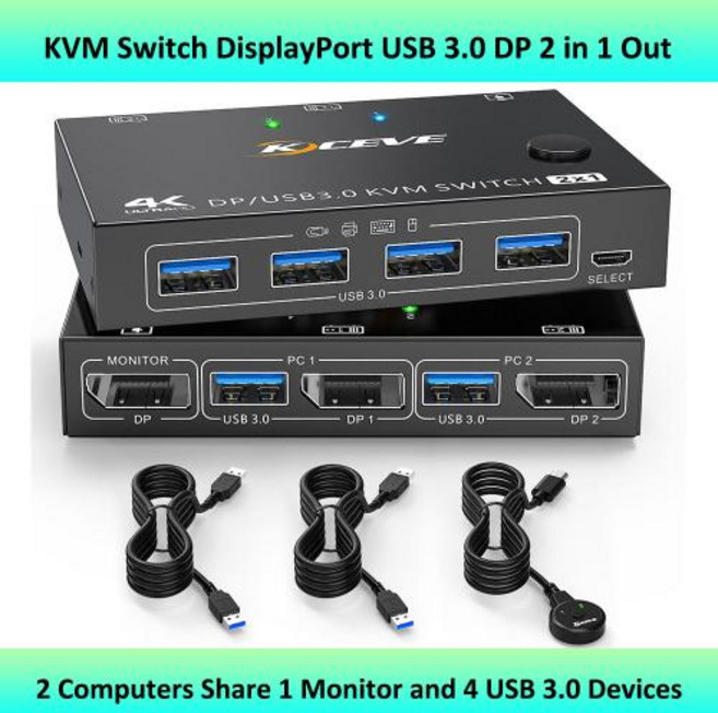 KVM 스위치 디스플레이 포트 USB 3.0 DP KVM 스위치 2 인 1 출력 3440x1440 144Hz3840x2160 60Hz 2 컴퓨터 공유 1 모니터, 201DPA_1.5M, 1) 201DPA - 1.5M