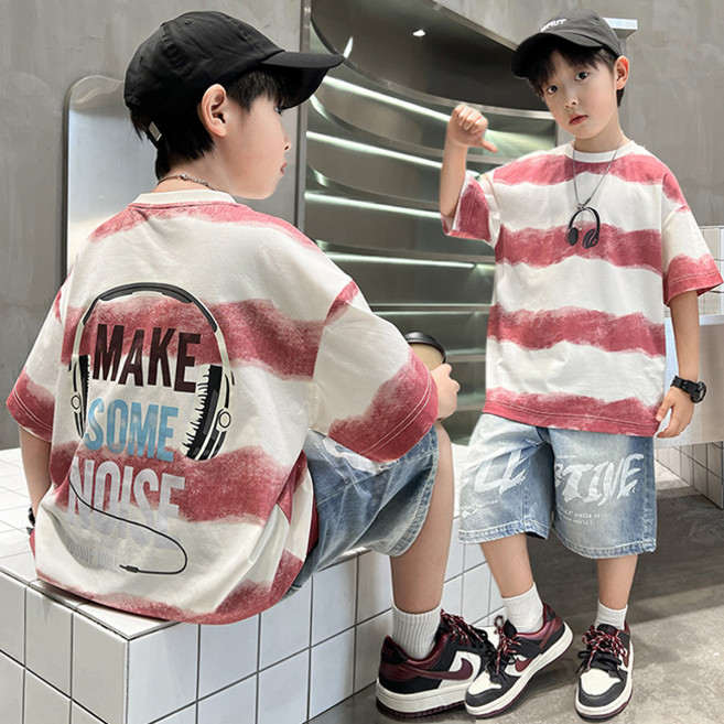 비비키드 주니어 상의 하의 세트 남아 헤드셋 그림 포인트 데님 반바지 여름 세트 초중생 반팔티 초등생 상하세트 (2501)