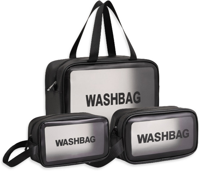 밍모스 방수 비치백 다용도 워시백 3종 세트 멀티 여행용 세면 파우치 도구 목욕 가방 소 중 대 트리플 백 트래블 캠핑 바다 화장품 여름 여행 수납 정리 간편 미니멀 수영 샤워, 블랙