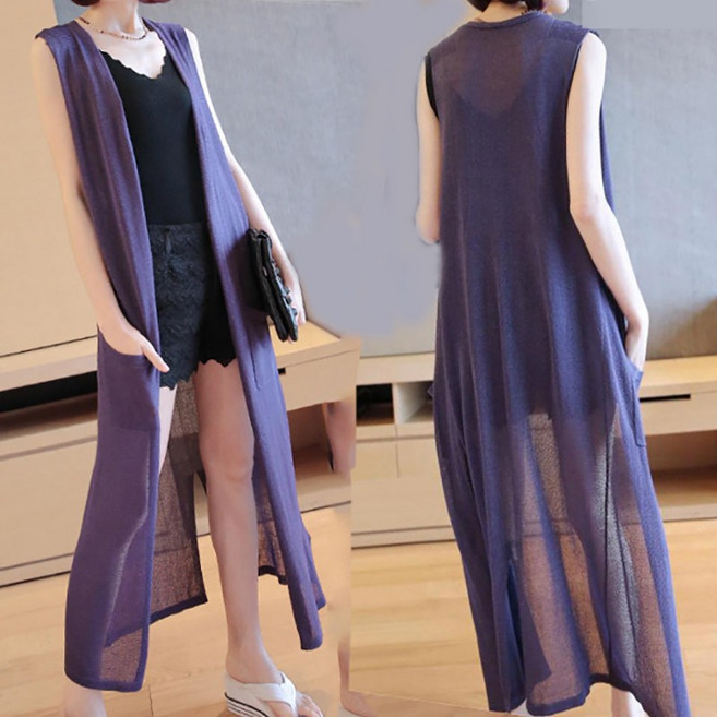 여름 오버핏 긴팔 롱 카디건 시스루 빅사이즈 여성 민소매 니트 롱 조끼 베스트