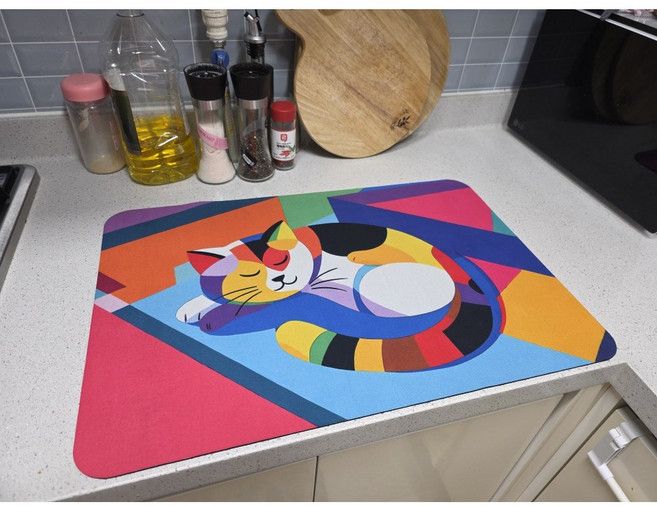 하얀고양이 다용도 논슬립 주방 건조매트 폴리에스테르 흡수력 좋은 고무미끄럼방지 매트, 고양이