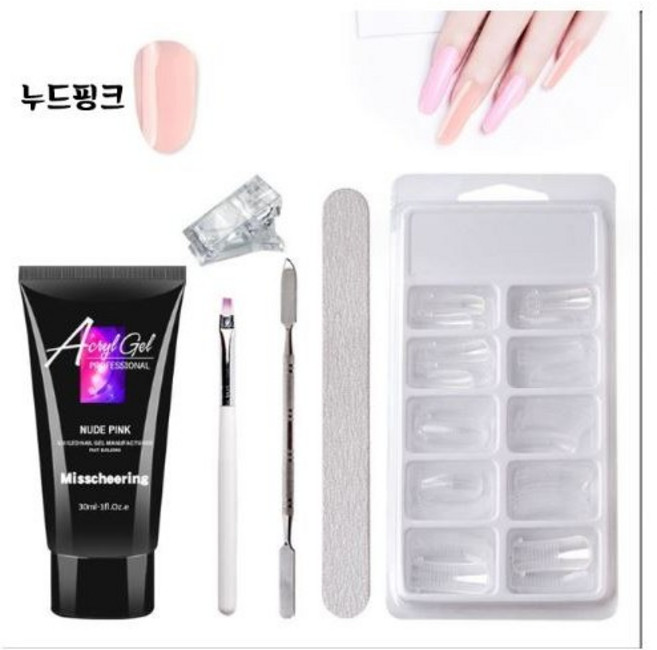 폴리젤 30ml 손톱연장세트, 1세트, 폴리젤30ml,붓,연장팁,스파츌라,파일,팁클립, 폴리젤 세트- (누드핑크)