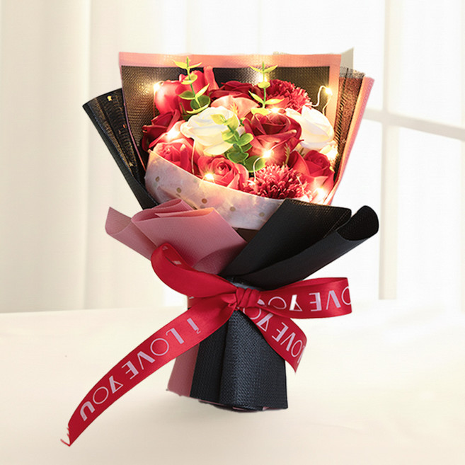 장미 꽃다발 조화 비누꽃다발 LED전구 쇼핑백 편지 세트, 1개, 레드