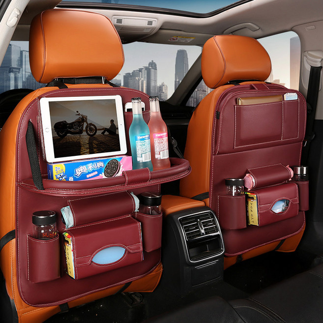 차량용 가죽 뒷좌석 수납함 멀티 테이블 컵홀더 태블릿 거치 포켓 발자국 방지 프리미엄 수납 정리함 시트백 방수 접이식, 버건디와인, 1개