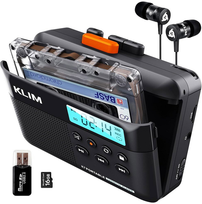 KLIM K7 카세트 테이프 플레이어 - 카세트에서 MP3로 변환기 휴대용 내장 마이크 및 스피커 충전식 배터리 이어폰 16GB SD 카드 블랙-오렌지, Black Orange