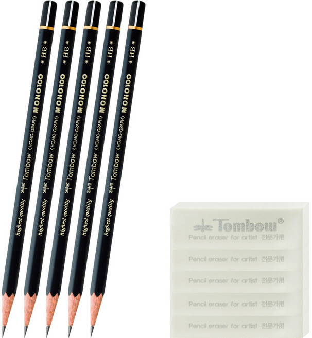 톰보 모노100 연필+화방 지우개, (모노100 5개+화방 5개), 1세트, HB