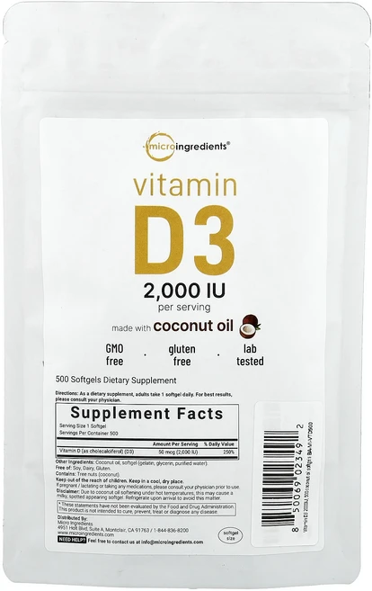 Micro Ingredients 비타민D3 2000IU 소프트젤 500정, MicroIngredients비타민D32000IU소프트, 1개 - 쿠팡