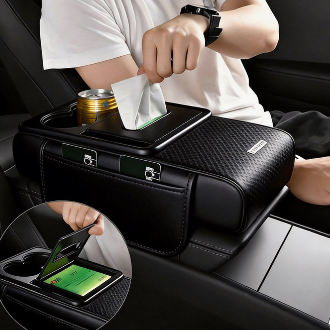 Jeernare 차량용 콘솔박스 수납함 팔걸이쿠션 티슈박스 컵홀더 일체형, 1개, 블랙