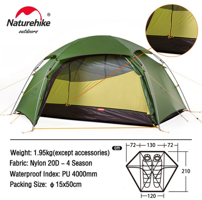 Naturehike 클라우드 피크 2 인용 텐트 초경량 캠핑 하이킹 야외 텐트 20D 나일론 방수 패브릭 NH17K240Y, 2.2P - 20D - T Type
