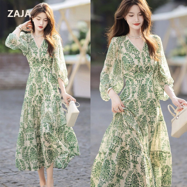 ZAJA 여성 쉬폰 플라워 롱원피스 허리밴딩 휴양지 원피스