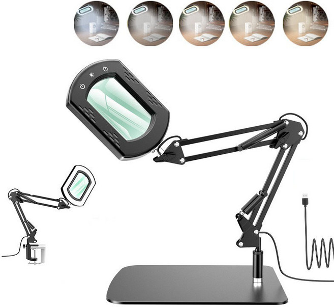 15배 고배율 조명 확대경 중형 금속 베이스 돋보기 조절 가능한 확대경 네일아트 공예 피부 작업, 1개, 블랙
