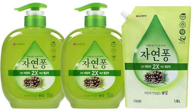 자연퐁 비린내 걱정없는 주방세제 솔잎 용기 490ml x 2개 + 리필 1.18L