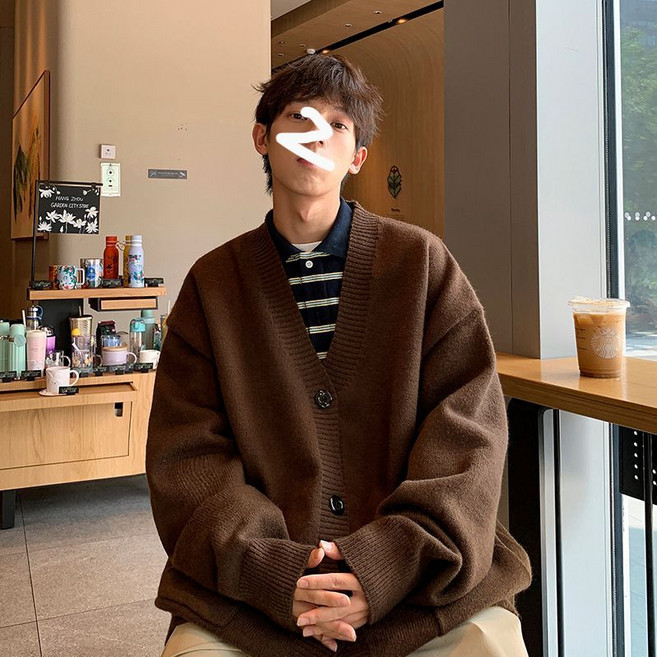 티류으스 남성 가을 오버핏 브이넥 니트 가디건 캐주얼 루즈핏 단색 라운지웨어 아우터 WY