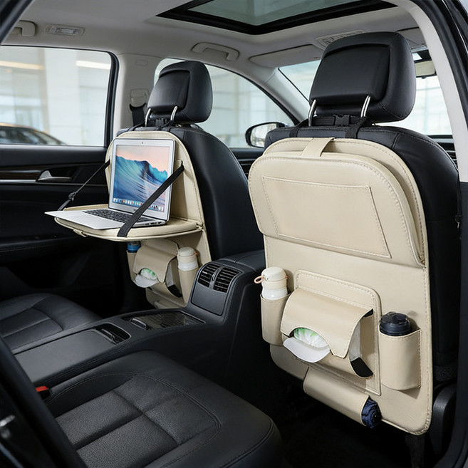 차량용 가죽 뒷좌석 수납함 멀티 테이블 컵홀더 태블릿 거치 포켓 발자국 방지 프리미엄 수납 정리함 시트백 방수 접이식, 베이지, 1개