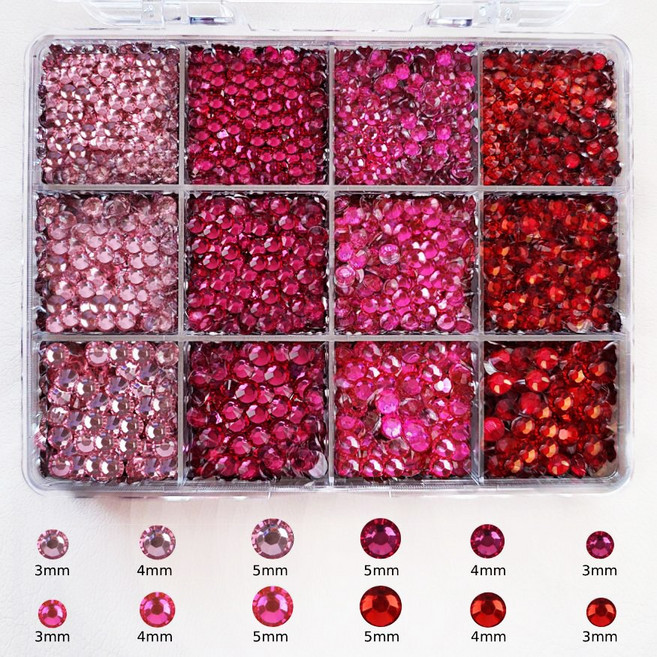 [나의셀렉] 가성비 대용량 사이즈 컬러 믹스 네일 평스톤 파츠 12칸 세트, 1개, 레드+핑크