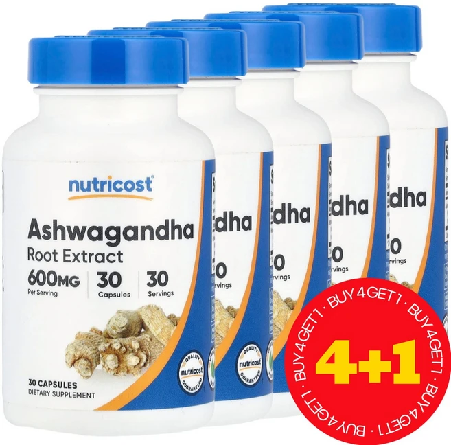[4+1] 뉴트리코스트 아슈와간다 뿌리추출물 글루텐 프리 600mg 캡슐 30정 / 해외직구 미국정품, 5개 - 쿠팡