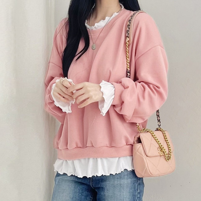 빅걸스토리 여성 봄신상 프릴 맨투맨 티셔츠