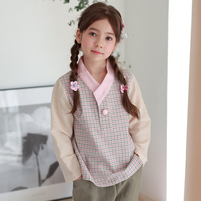 하랑한복 달래뎅이 생활 한복 공용 데일리 배색 긴팔 아동 상하의 세트