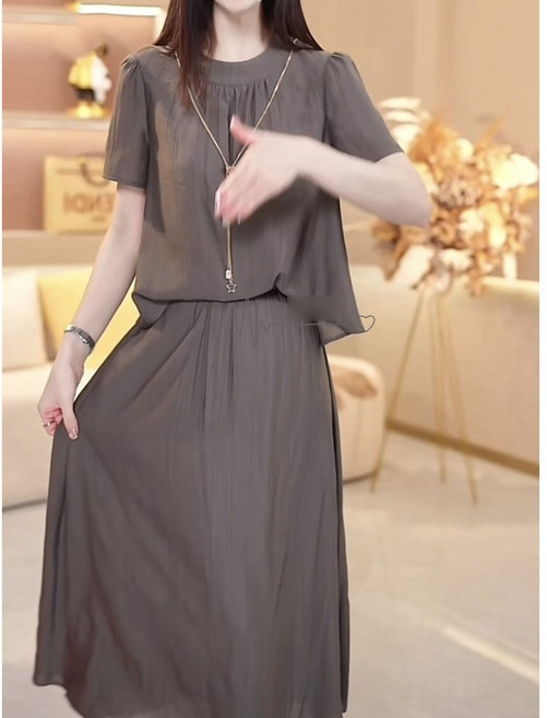 여성 여름 루즈핏 우아한 반팔 블라우스 롱스커트 투피스 세트