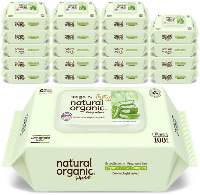 네츄럴오가닉 퓨어 플레인 유아물티슈 스마트캡형, 45g, 100개입, 20개