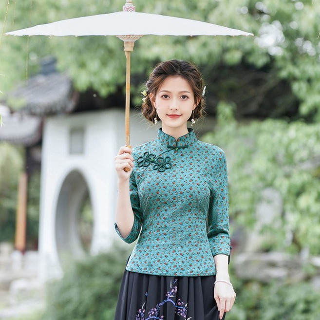 綠色古典簡約唐裝印花上衣 中袖旗袍式服飾