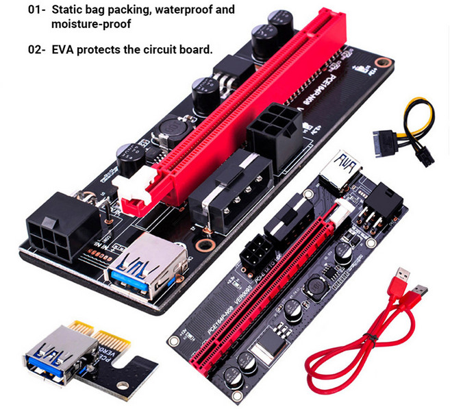 PCI 익스프레스 라이저 카드 GPU 채굴용 확장 어댑터 PCI E 1X 16X, 1개