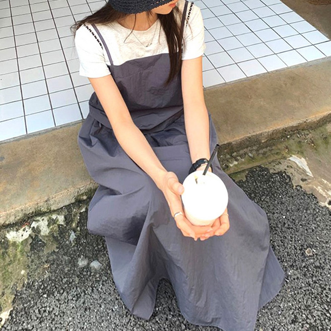 네모엔룩 바스락셋업 여성용 반소매 투인원 라운드넥 레이어드 티셔츠 밴딩 맥시 롱 스커트 상하세트 투피스