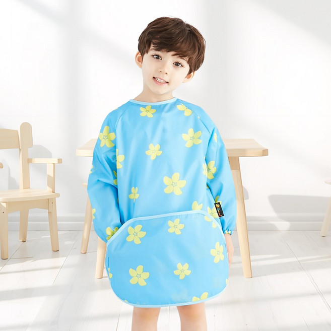 엘리몽 긴소매 유아 미술가운 앞치마, 플라워 블루