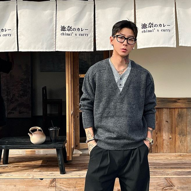 셀리드 남성 울 혼방 가짜 투피스 브이넥 캐주얼 풀오버 니트 스웨터