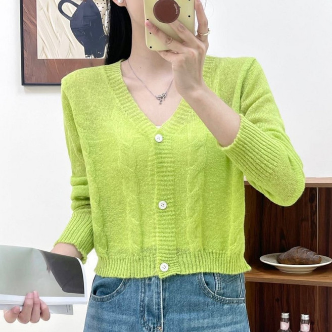 야오야오 브이넥 케이블 크롭 얇은 니트 가디건