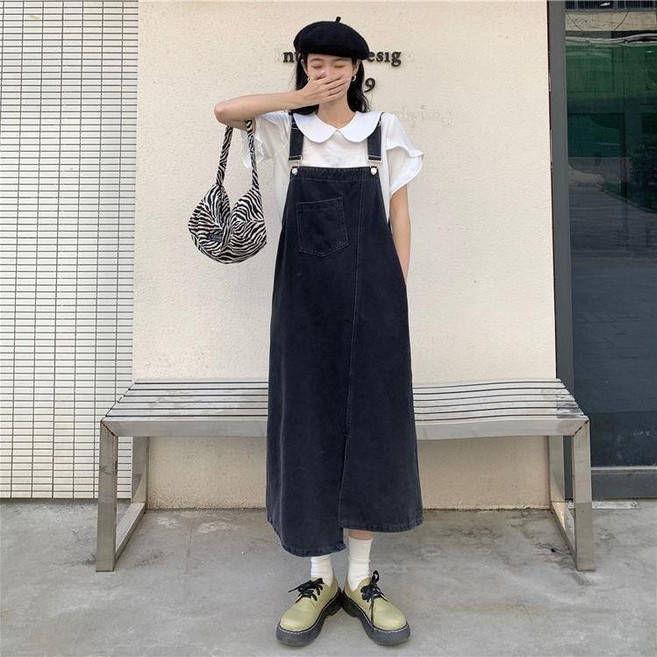 復古寬鬆牛仔吊帶連衣裙 春季新款韓版不規則開叉中長款連衣裙, 黑色,M