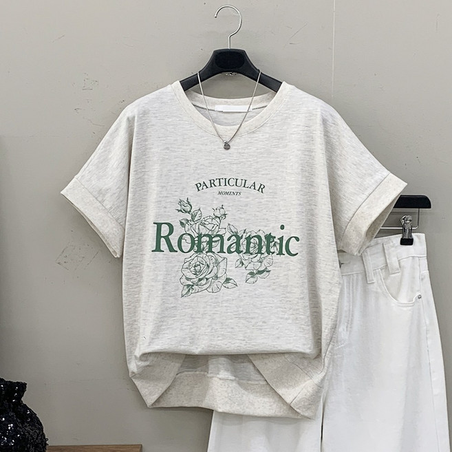 [행복여] 플로럴 로망 레터링 루즈핏 반팔 티셔츠